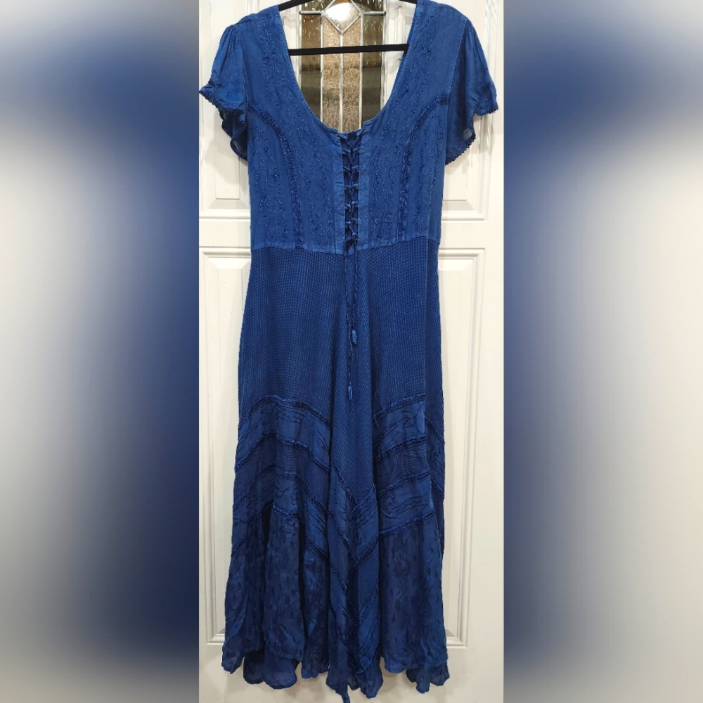 Flower blue peasant dress corset style front all over embroidery women's…